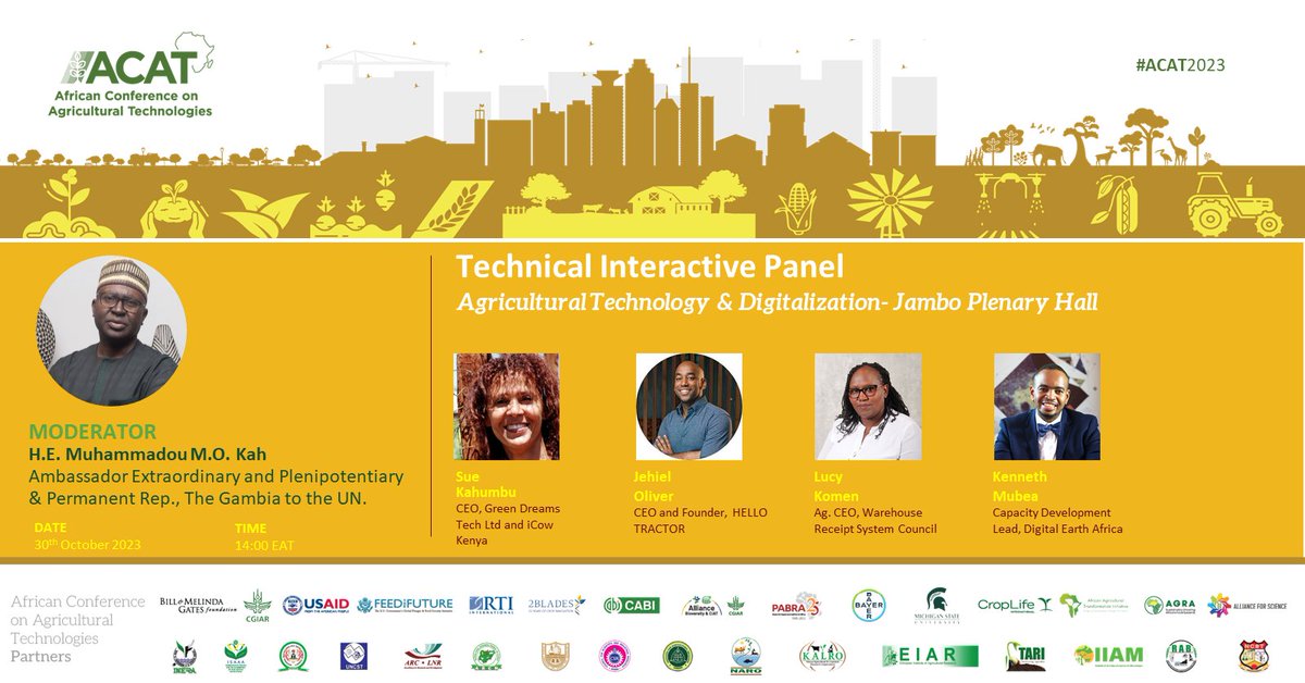 DE Africa's @kenmubea discussing Ag-tech & digitalisation at #ACAT2023 alongside moderator, H.E. Muhammadou M.O. Kah (The Gambia to the UN), Susan Kahumbu (Green Dreams Tech Ltd & iCow Kenya), Jehiel Oliver (Hello Tractor) and Lucy Komen, (Warehouse Receipt System Council).