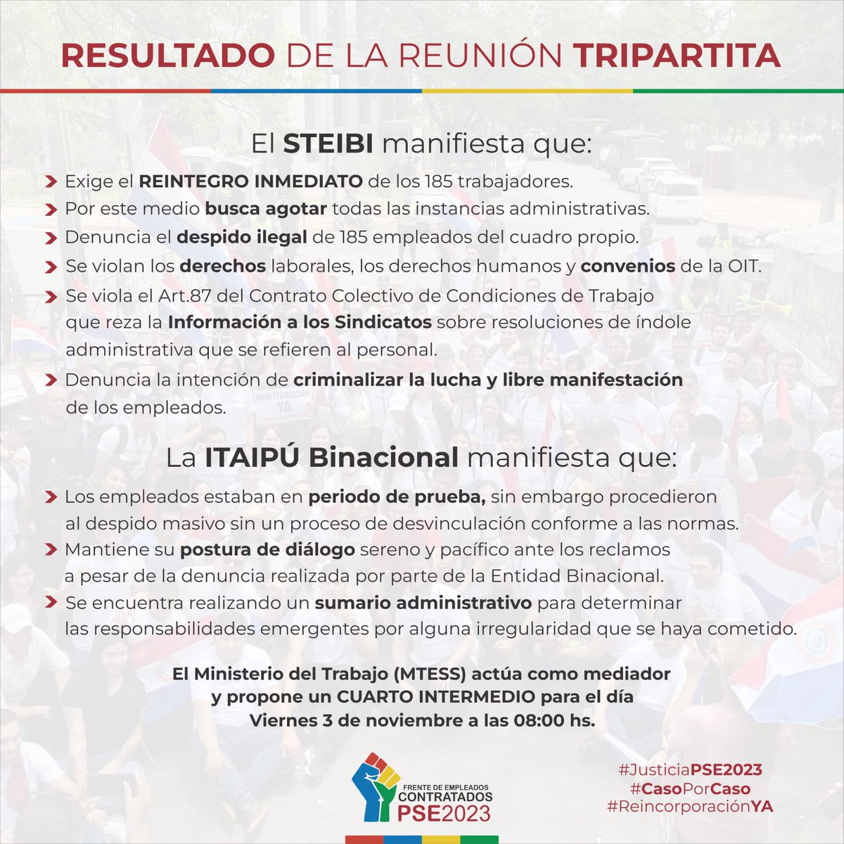 sefarpai's tweet photo. La mesa de diálogo entre la #ItaipuBinacional, el Frente representado por el @STEIBI y el @MTESS_PY prosigue en CUARTO INTERMEDIO para continuar negociación el viernes 3 de noviembre a las 08:00 h.
@itaipuparaguay
#JusticiaPSE2023
#ReincorporaciónYA
#CasoPorCaso https://t.co/3Opj2Meok1