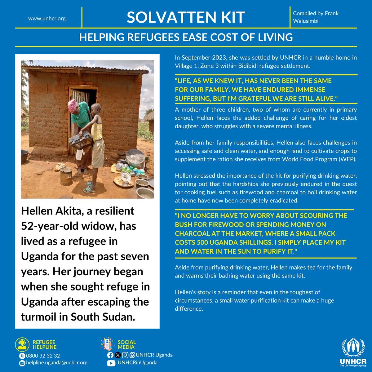 UNHCRuganda's tweet photo. "Life, as we knew it, has never been the same for our family. We have endured immense suffering, but I'm grateful we are still alive." Said Hellen.
Hellen Akita, is a 52-year-old widow #refugee living in #Uganda.
#SOLVATTEN https://t.co/WujKCBpzKY