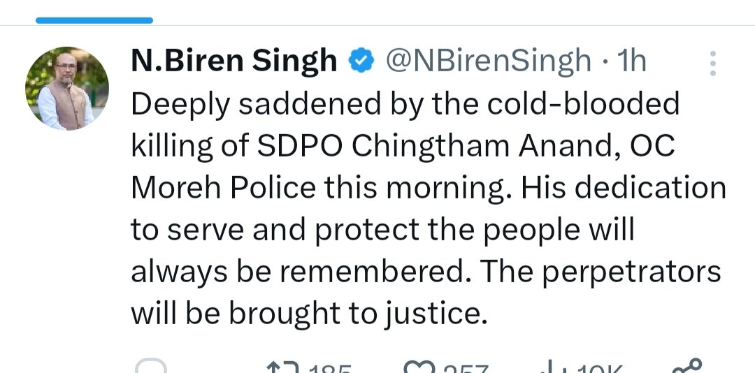 HGoulungmon's tweet photo. On 13th September 2023 Manipur police Sub inspector, Onkhomang Haokip was shot dead by Meitei terrorist with a  Sniper while he was on official duty,But @NBirenSingh Singh who also hold a portfolio of Home Minister was in silent. Today, Chingtham Anand  OC of moreh police was shot dead by unknown miscreants, Unsurprisingly, CM of the state Tweet " The perpetrators will be bought to justice"
 what about the perpetrators of(L) Onkhomang Haokip who is a sub inspector of Manipur police, why only he seek justice of Chingtham Anand? Just because he is from Meitei community?
#Communal Chief Minister
Is the LAW in Manipur Justifiable?
@LiveLawIndia  @AmitShah 
#ThisIsKuki_ZoStory 
#SeparateAdministration4Kuki_Zo