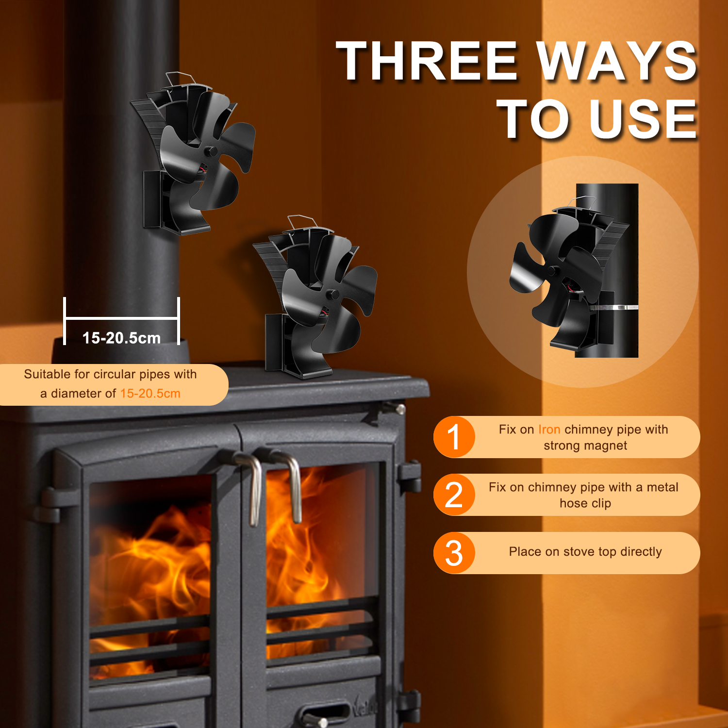  VODA Stove Fan with Protective Cover Heat Powered Wood