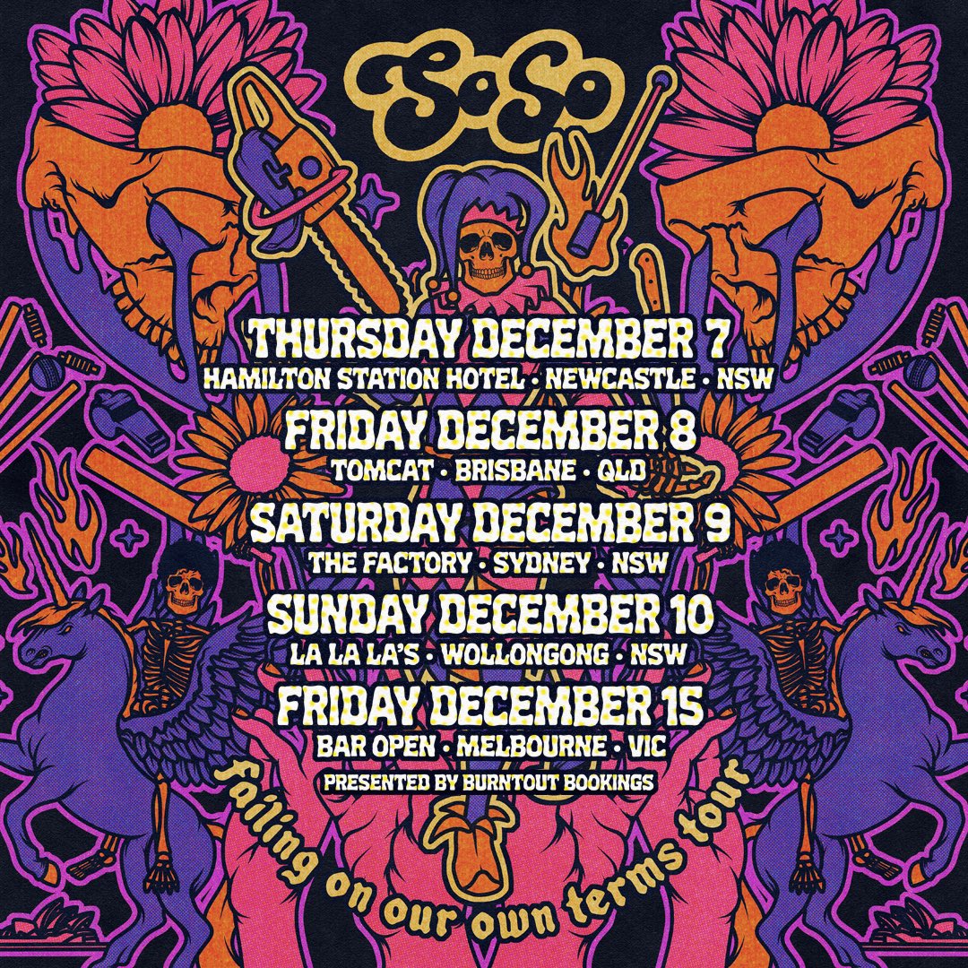SoSopunx's tweet photo. ✨TOUR ANNOUNCEMENT✨ 
We’re closing out 2023 with a cheeky lil tour, supporting the release of our sophomore EP ‘Failing On Our Own Terms’ 🥳

Hit the link to join The SoSo Crew for pre-sale tix access: https://t.co/PM1ioTOz1V 

Keen azzz to see ya at a show fam 🫡🔥 https://t.co/60jDgdT6C7