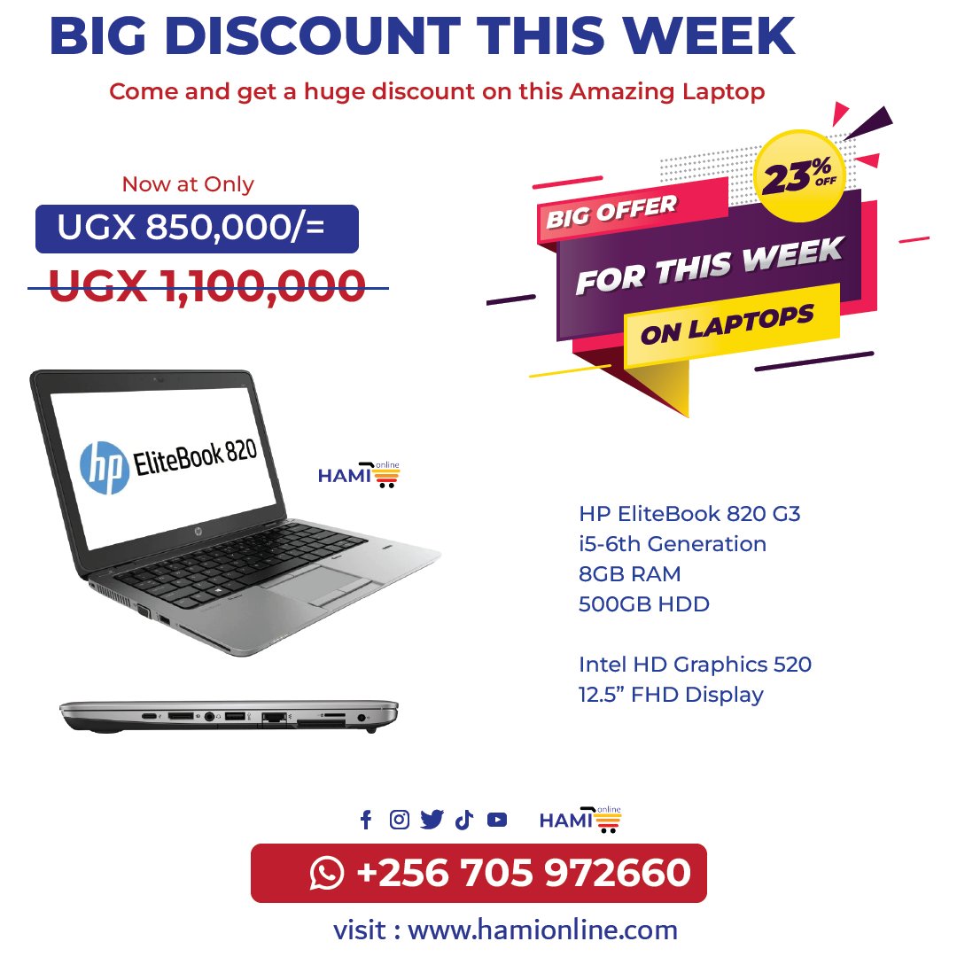 We have an amazing offer for you this week at hamionline.com 

Get this HP elitebook 820 G3 at only Ugx 850,000/=

It's equipped with intel i5-6th generation processor, 8GB DDR4 RAM, 500GB HDD (possibility of adding in 128GB SSD)

Call/WhatsApp 0705 972660