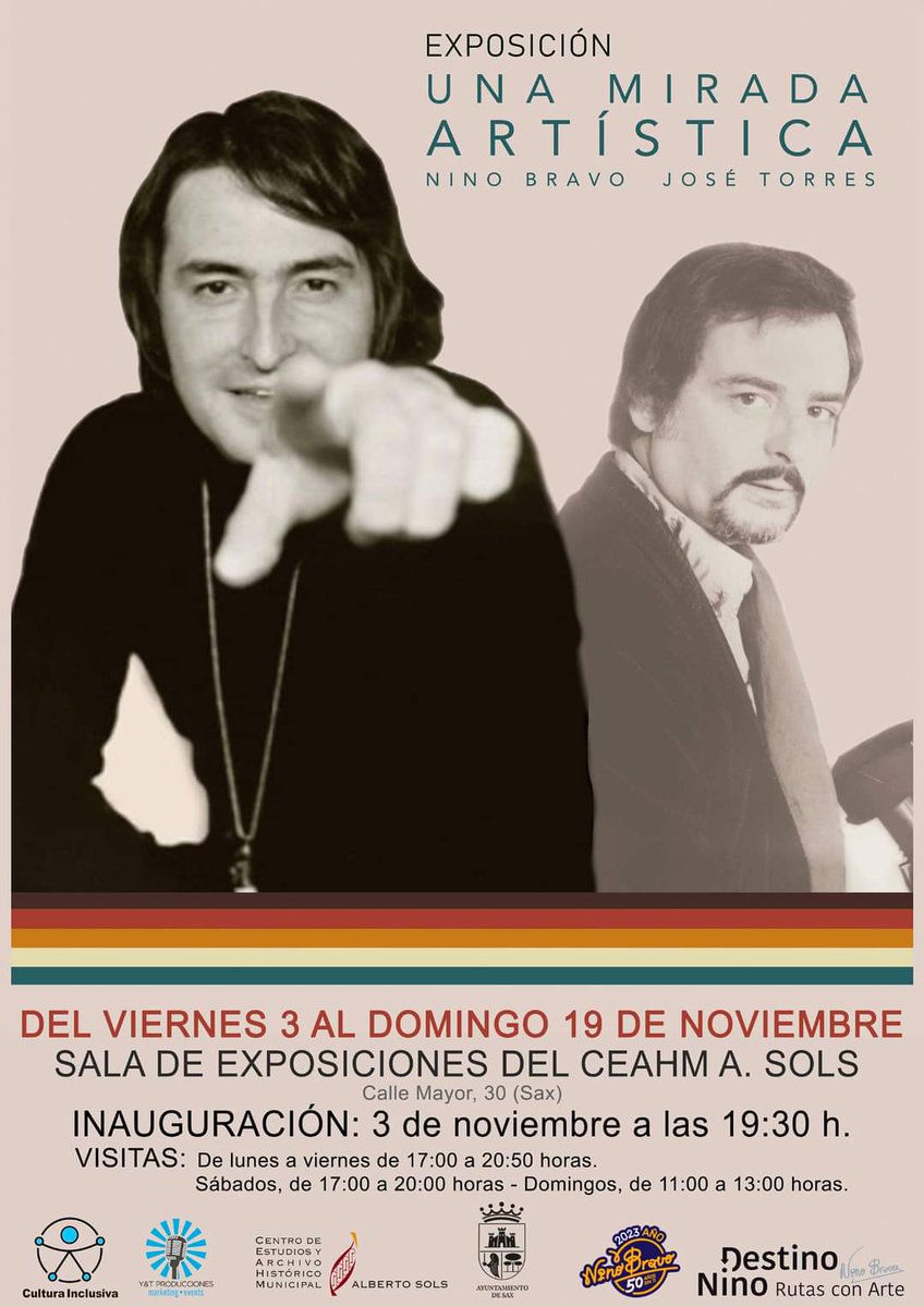 Este viernes, 3 de noviembre, a las 19:30h, se inaugurará en Sax (Alicante) una exposición única e inolvidable dedicada al legendario artista valenciano Nino Bravo en el CEAHM Alberto Sols. 🎤✨

#AñoNinoBravo