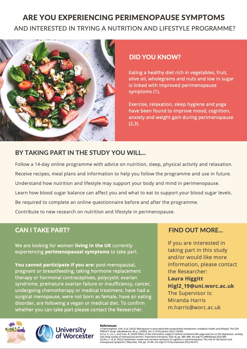 Could you help with this piece of MSc research by testing a 14-day diet and lifestyle programme for #perimenopause?  A nutritionist colleague is looking for UK participants. Contact details and criteria are on the attachment. Please like and share! 🧡
#menopause
