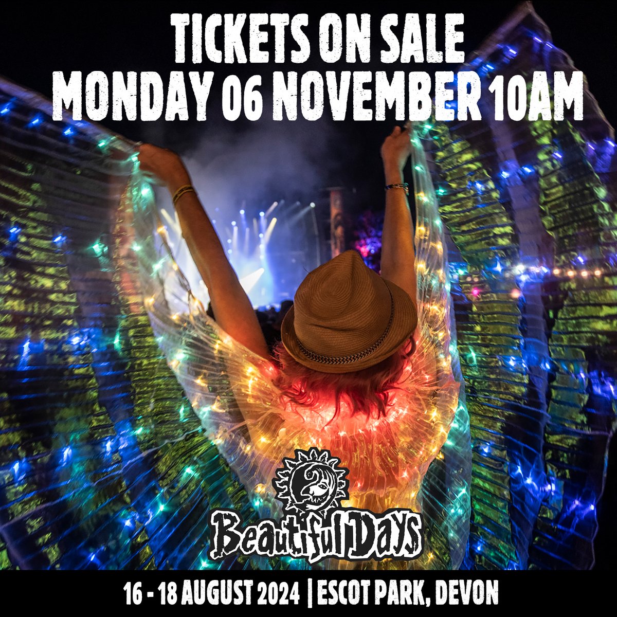 Tickets for BD2024 go on sale this Monday 06 Nov at 10am 🎟️beautifuldays.org/tickets/ This year's festival was such a great weekend - we can't wait to do it all again in August next year. Our capacity remains the same. Line-up and theme will be announced in the New Year 🥳