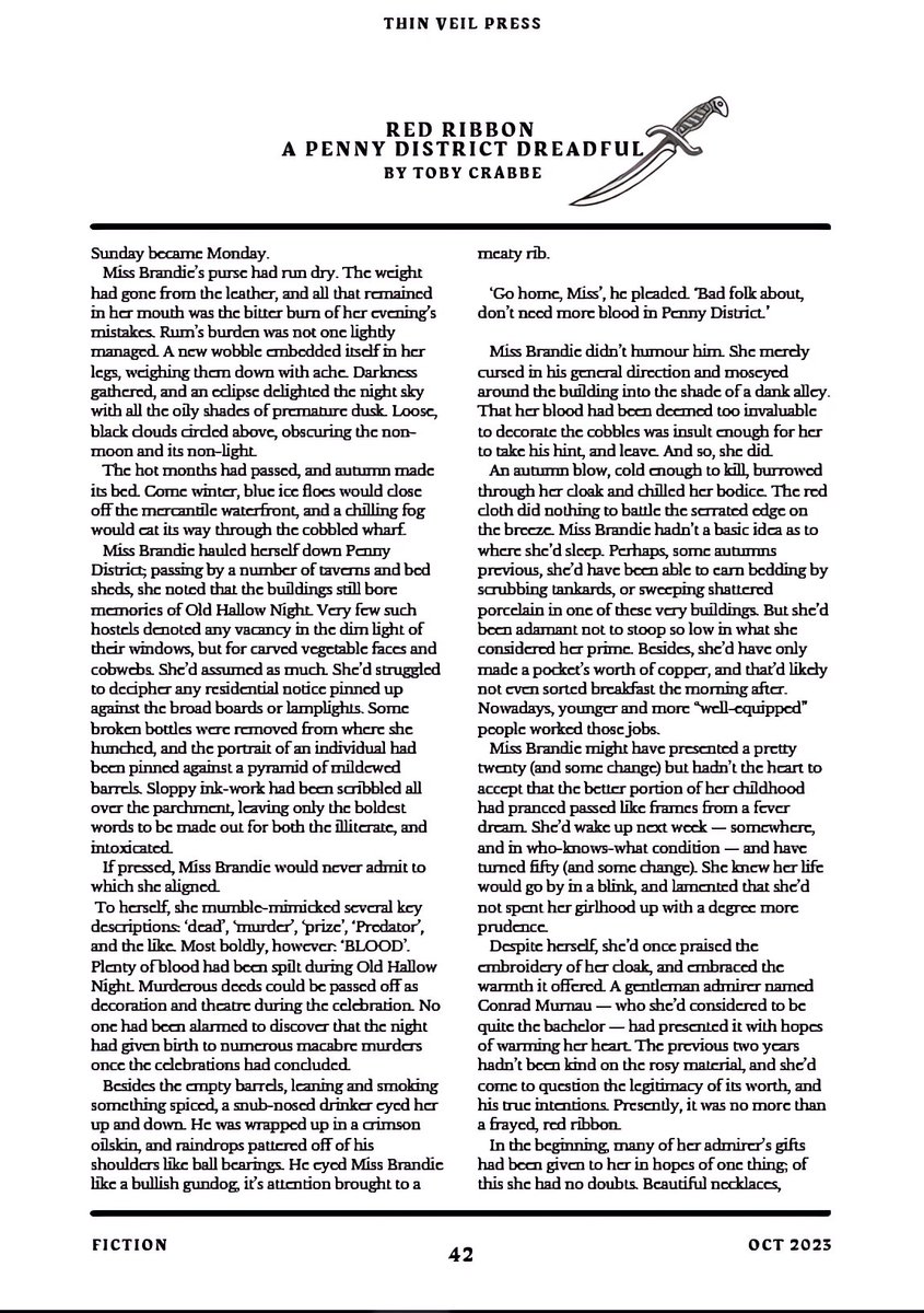 HAPPY HALLOWEEN🎃
@ThinVeilPress👻Issue 1 is here!  Read a sample of 'Red Ribbon / A Penny District Dreadful' and the rest of the magazine below. It's free to read: thinveilpress.co.uk/issue-one
#HappyHalloween2023 #literarymagazine #darkfantasy #artwork #fiction #WritingCommunity