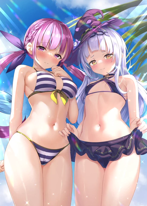 Skebで描かせていただいた水着のあくたん&シオンたん!!水着は季節に関係なく素晴らしい#あくあーと #シオンの書物 