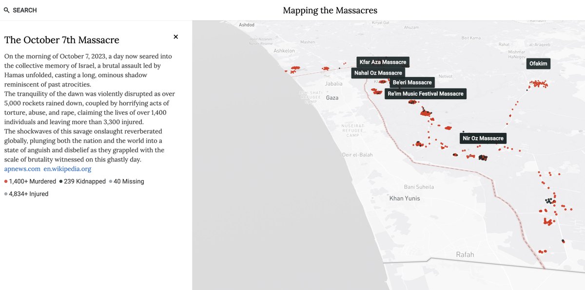 On October 7, 2023, a brutal assault led by Hamas unfolded, casting a long, ominous shadow reminiscent of past atrocities. The October 7th Geo-visualization Project provides a representation of the atrocities committed by Hamas on that day. oct7map.com