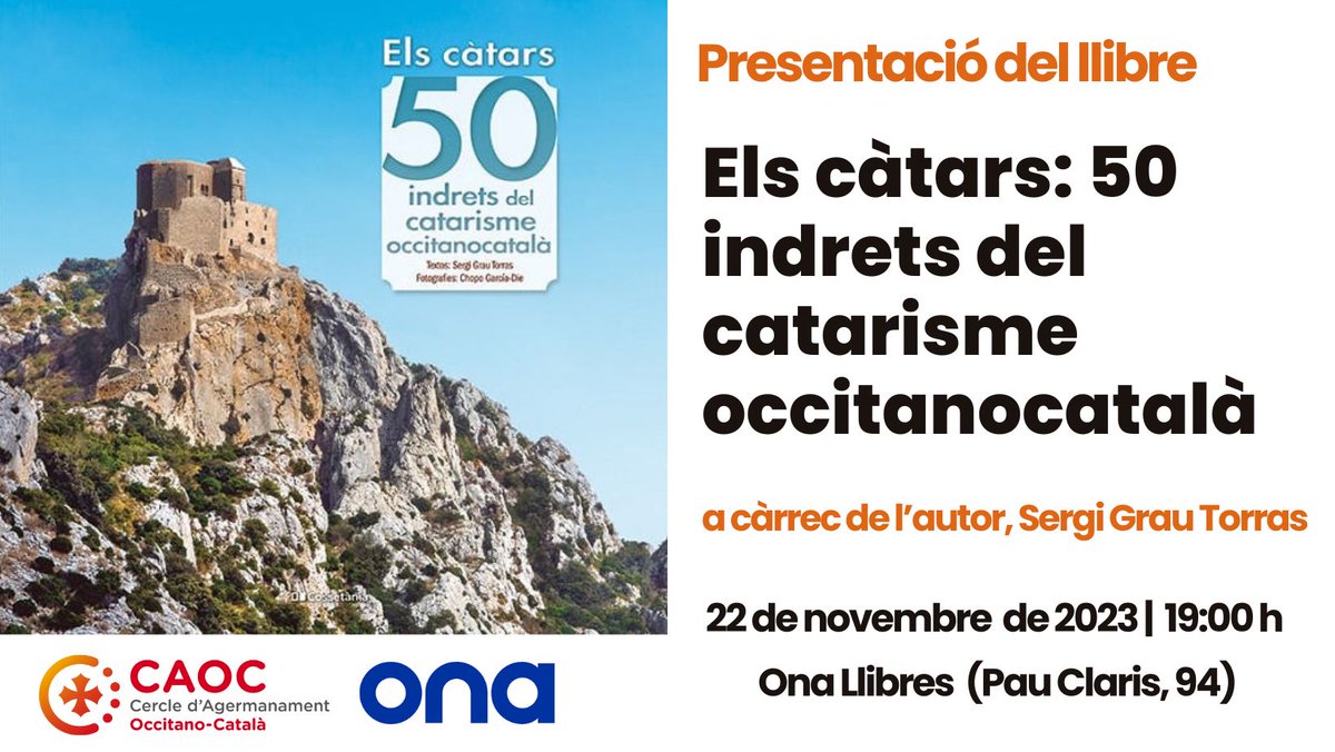 ✨Reserva't la data!!✨ Presentació - 📘'Els càtars: 50 indrets del catarisme🌿occitanocatalà' 🕵Una guia d'històries que van viure els càtars en indrets molt concrets, tant de Catalunya com d'Occitània🗺️ 🗓22 de novembre de 2023 | 19:00 h 📍Ona Llibres (Pau Claris, 94. Bcn)