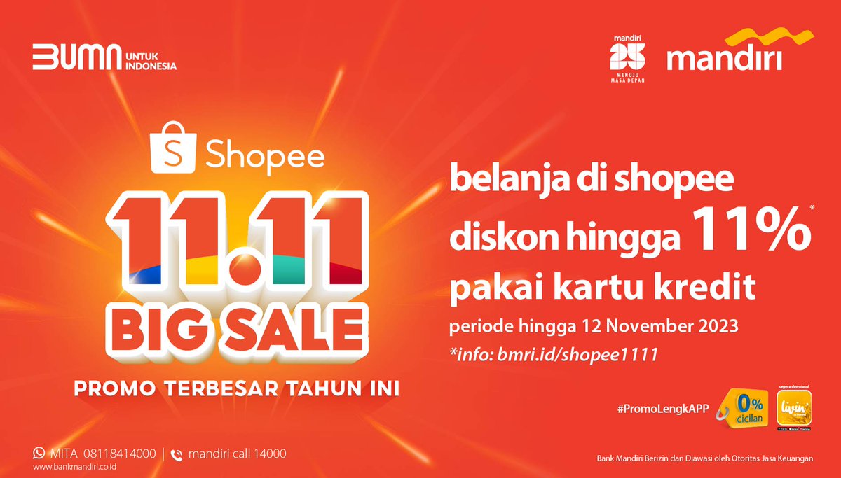 mandiricard's tweet photo. Makin hemat belanja di Shopee 11.11 BIG SALE pakai #MandiriKartuKredit ada diskon hingga 11% lho Cardholders!
Yuk, check out belanjaan kamu sekarang. Promo berlaku hingga 12 November 2023. Info, klik https://t.co/XpySJTop9r
#mandiripromo #PromoLengkAPP https://t.co/S2gHgJ6yzP