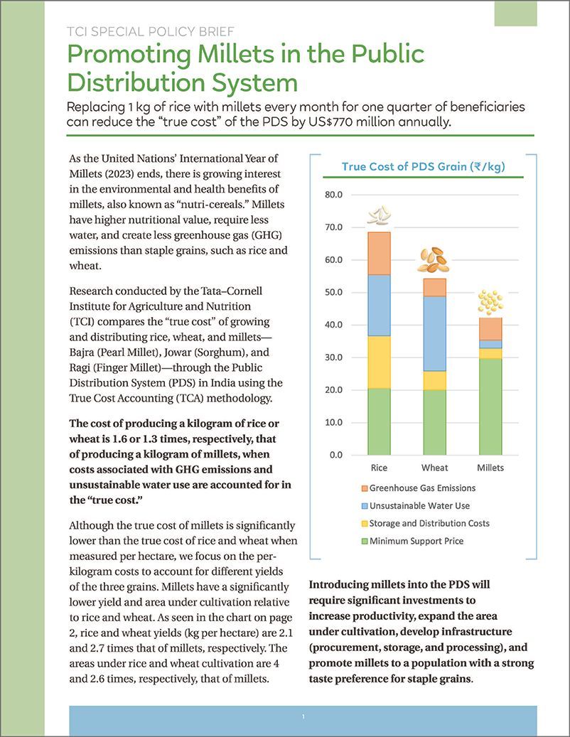 “Diversifying the PDS food basket to include more millets presents India with a win-win scenario.”

TCI research shows that replacing 1 kg of rice with millets for a quarter of PDS beneficiaries would save $770 million each year.

Learn more 👉 tci.cornell.edu/?news=millets-…