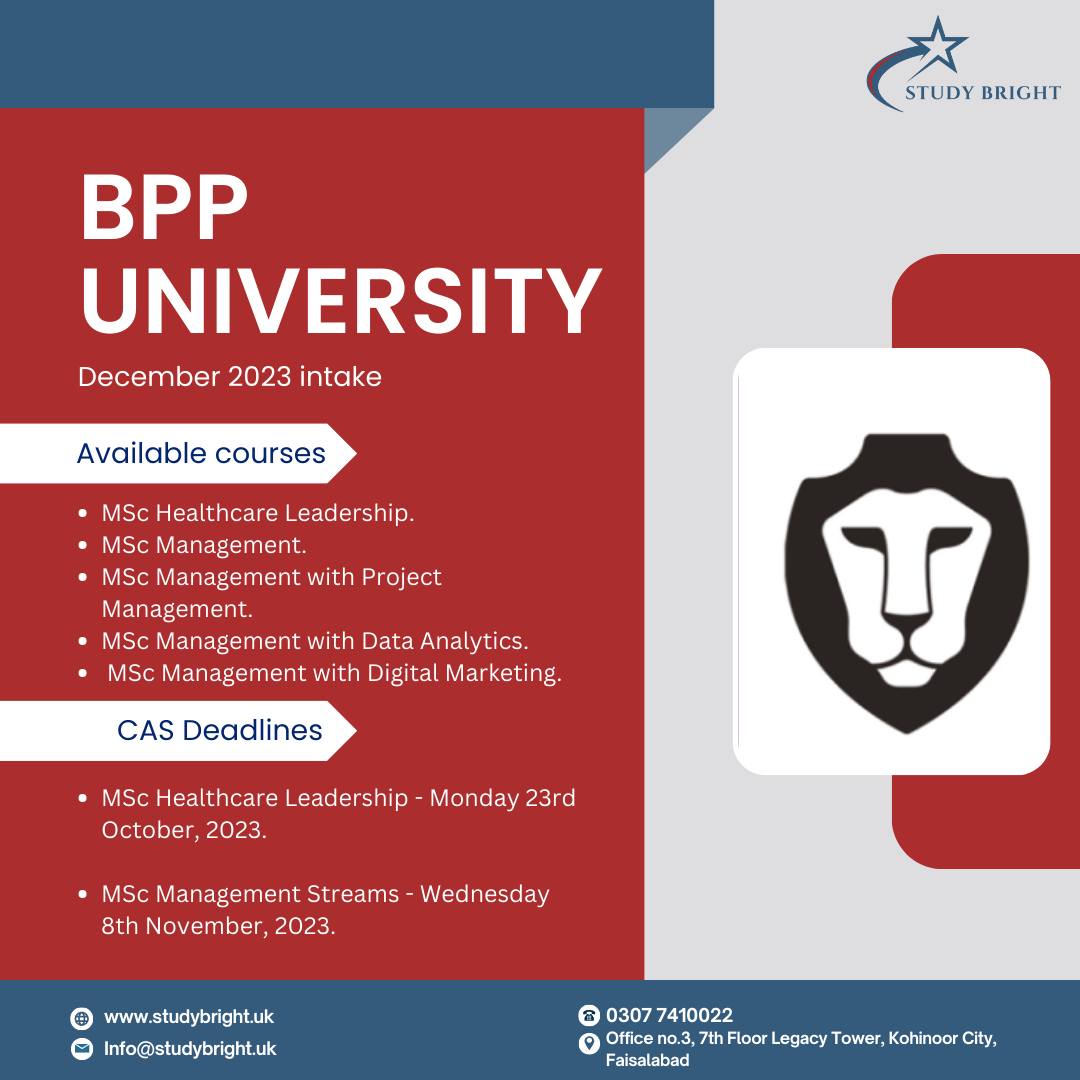 Study_Bright's tweet photo. BPPU - December 2023 intake - Available courses
Below courses are available for December intake:

- MSc Healthcare Leadership.
- MSc Management.
- MSc Management with Project Management.
- MSc Management with Data Analytics.
- MSc Management with Digital Marketing. https://t.co/seKFgnBGBE