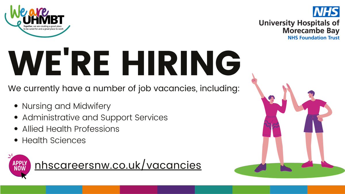 ✨ We are hiring ✨ We have a number of job vacancies available in our hospital and community sites across Morecambe Bay. Find out more and apply here: nhscareersnw.co.uk/vacancy-landin…