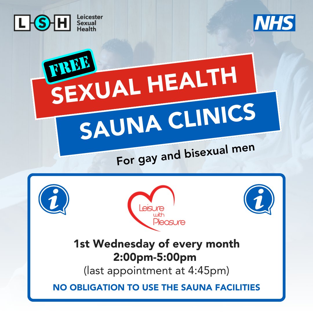 📣 Did you know we offer free sexual health clinics in saunas for gay and bisexual men? We'll be at Leisure with Pleasure (formerly Club 29) tomorrow from 2:00pm - 5:00pm (last appointment at 4:45pm). Access to the sauna is free to those wanting to visit the clinic.