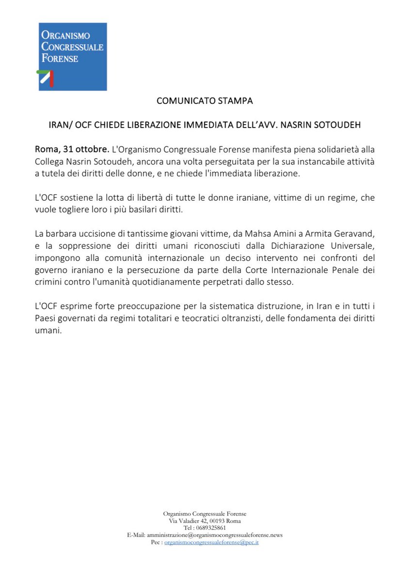 ocforganismo's tweet image. 🔵IRAN / OCF CHIEDE LIBERAZIONE IMMEDIATA DELL’AVV. NASRIN SOTOUDEH

📌Per ulteriori informazioni clicca sul seguente link: organismocongressualeforense.news/comunicati-sta…

@minGiustizia 

#ocf #giustizia #governomeloni #nordio #avvocati #legali #diritto #tribunali #iran #NasrinSotoudeh