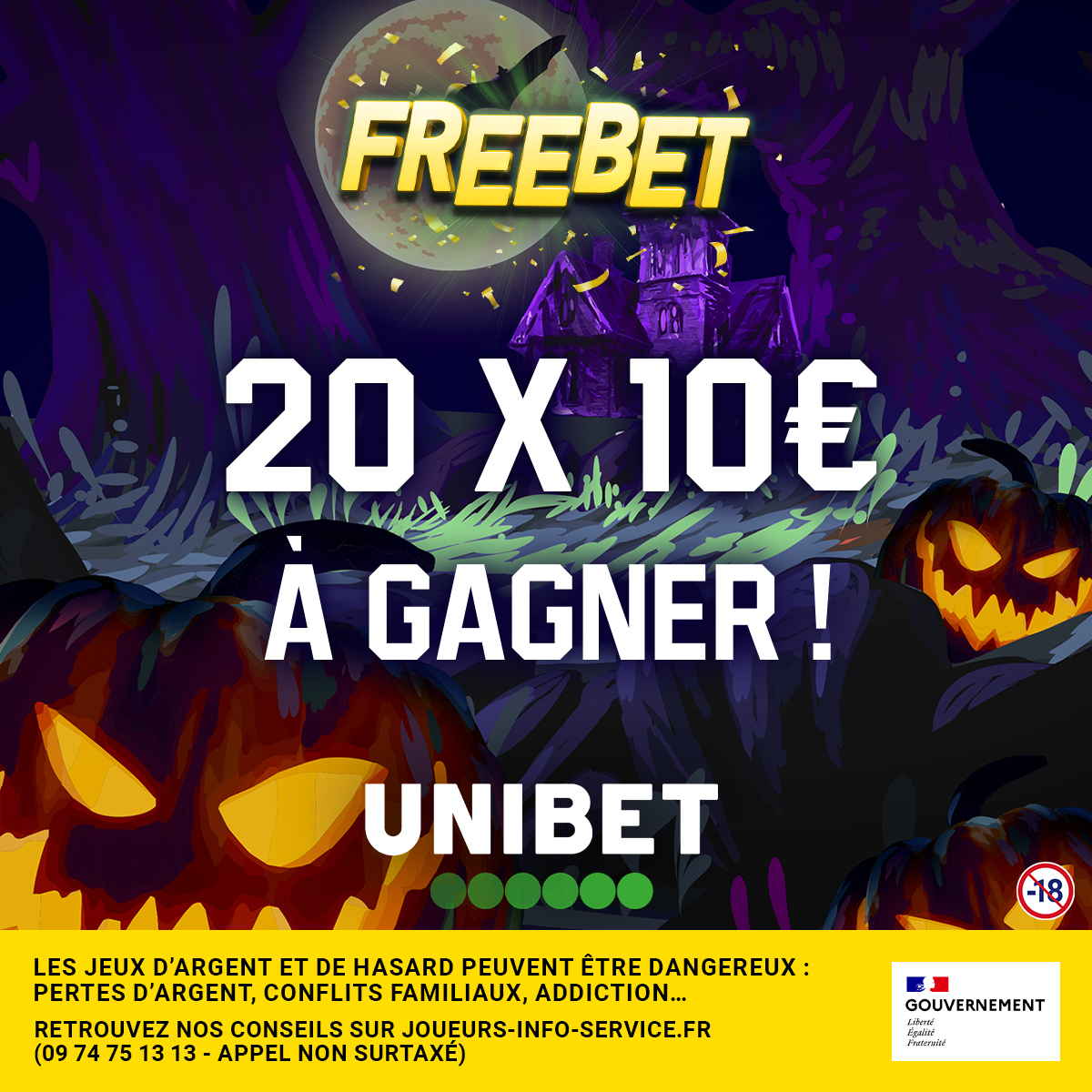 🎃 Pour Halloween, l'esprit des Freebets a frappé et te fait gagner 20 x 10€ 😈

💬 Commente avec #HalloweenUnibet jusqu'à 14h00
👻  Tu as 10 tentatives, choisis bien ton moment !