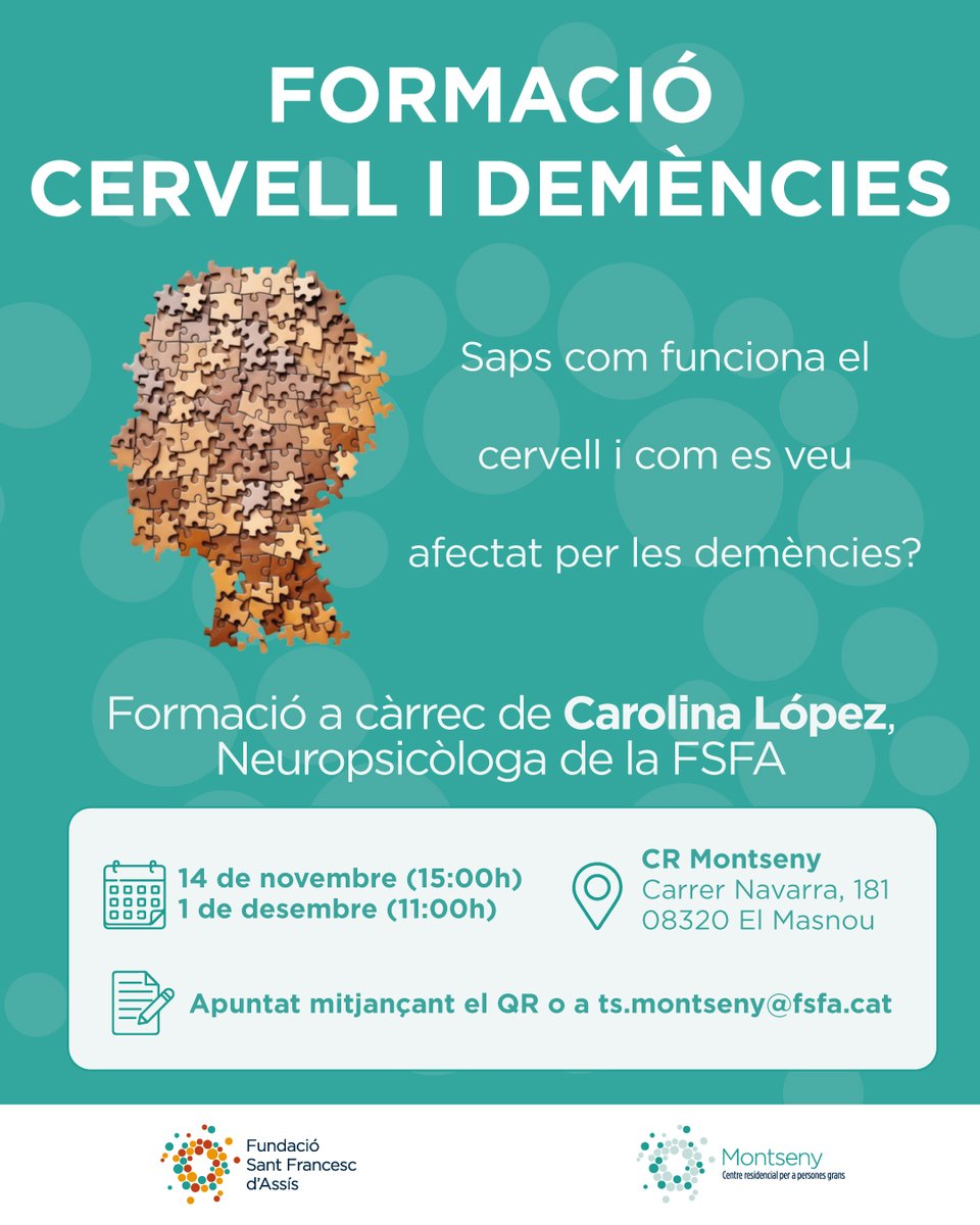 FPSFA's tweet photo. 📢 Saps com funciona el cervell i com es veu afectat per les demències?
📋Apunta't a la formació a càrrec de Carolina López, neuropsicologa de la FSFA.
📅1º edició: 14 de novembre a les 15h 
📅2º edició:1 de desembre a les 11h
ℹ️  Reserva la teva plaça a https://t.co/L01wUKSLYA https://t.co/g9TKBC6Mwk