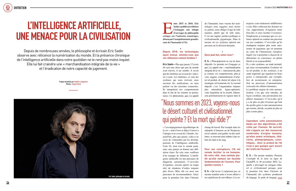 Eric_Sadin's tweet photo. Entretien paru dans "Mutations", le magazine de la @mutualite_fr, 4e trimestre 23.
https://t.co/6riEx0kNfj https://t.co/8ezTGowUBW