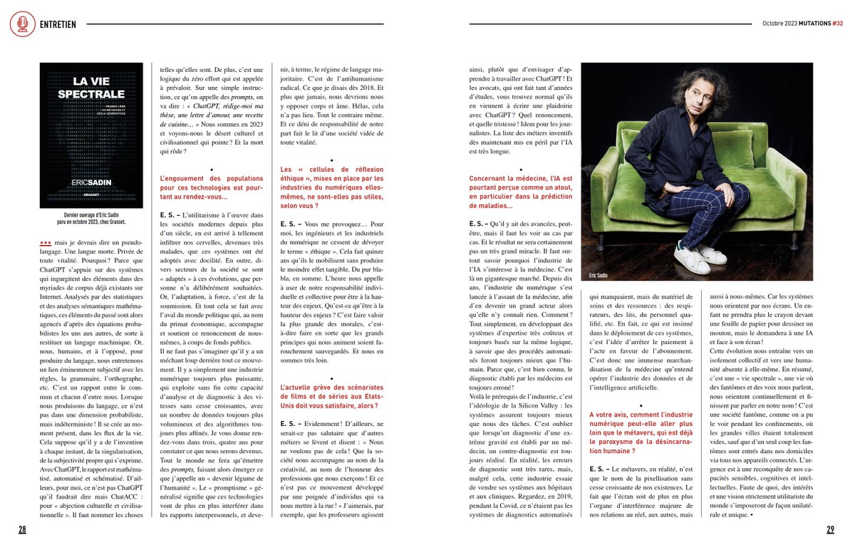 Eric_Sadin's tweet photo. Entretien paru dans "Mutations", le magazine de la @mutualite_fr, 4e trimestre 23.
https://t.co/6riEx0kNfj https://t.co/8ezTGowUBW
