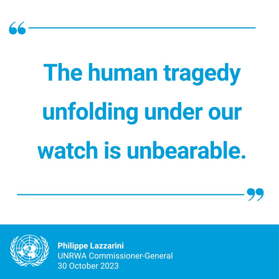 UNGeneva's tweet image. “The level of destruction is unprecedented.  The human tragedy unfolding under our watch is unbearable.”  

@UNRWA chief @UNLazzarini says an immediate humanitarian ceasefire in the Middle East is a matter of life and death for millions of people. is.gd/XyqfvF