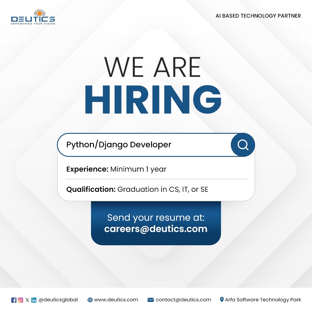 deuticsglobal's tweet photo. We are Hiring! Full time & Onsite
Location: Arfa Software Technology Park Lahore, Pakistan.
Email your resume at careers@deutics.com
#JobOpening #Hiring #ApplyNow #JoinOurTeam #PythonDeveloper #DjangoDeveloper #TechJobs #CareerOpportunity #TeamDeutics #DeuticsHires https://t.co/3Svb62nwdz