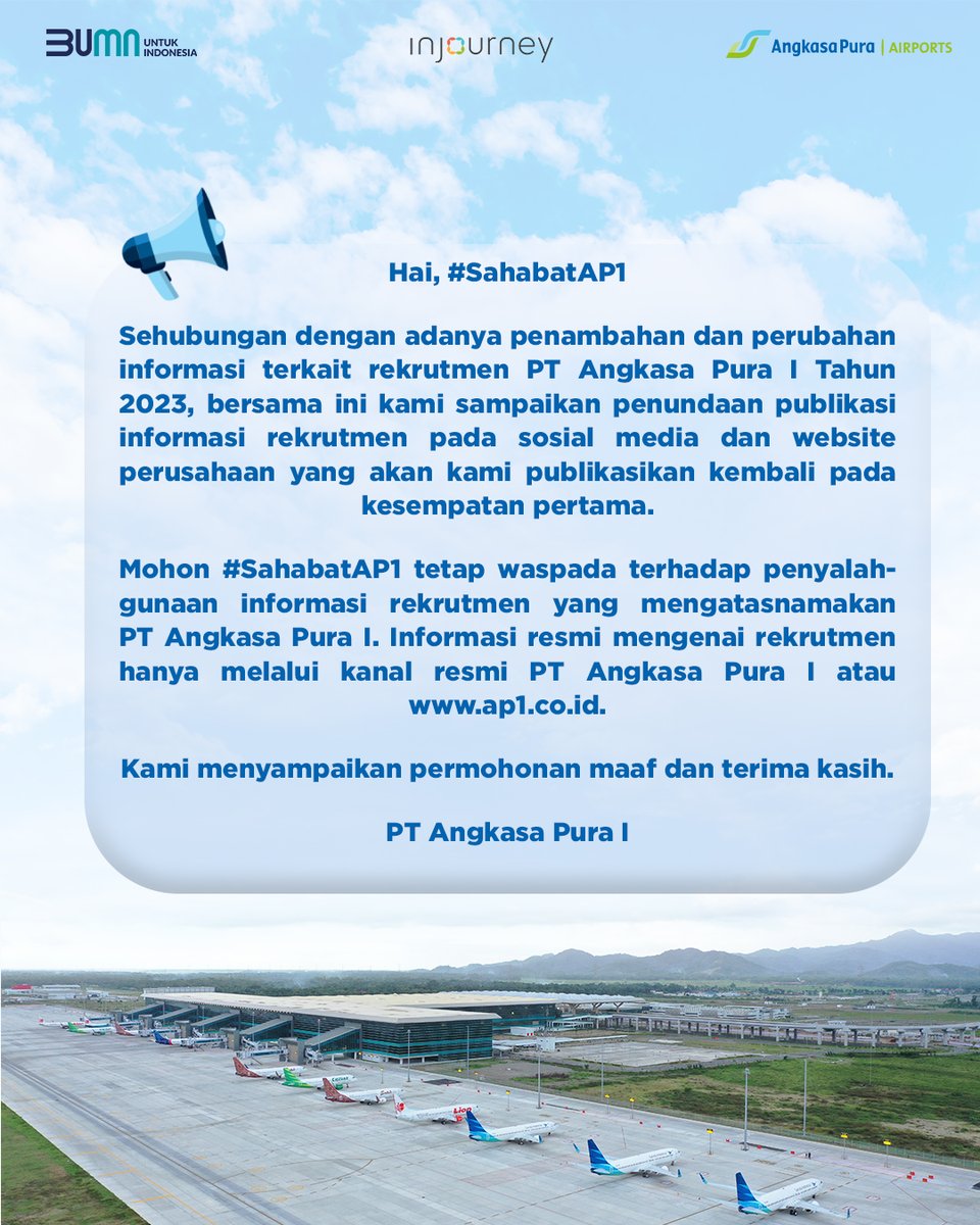 AP_Airports's tweet photo. Info terbaru untuk seluruh #SahabatAP1 yang sudah antusias untuk bergabung bersama kami.
#AngkasaPura1 #TransformToElevate #LebihNyamanDiAP1 #Injourney #AviasiPariwisataIndonesia #BUMNUntukIndonesia https://t.co/nQPGMzaluS