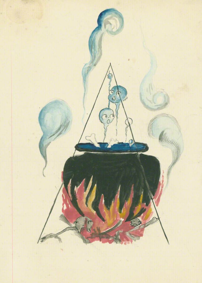 Happy Halloween 👻
Cauldron with Faces in the Steam and Bones Sticking Out of the Pot by Phyllis Yglesias (1893–1977)

Phyllis was the daughter of Vincent Philip Yglesias, a painter closely associated with the Walberswick, Suffolk, colony of artists.

#MuseumTwitter #Halloween