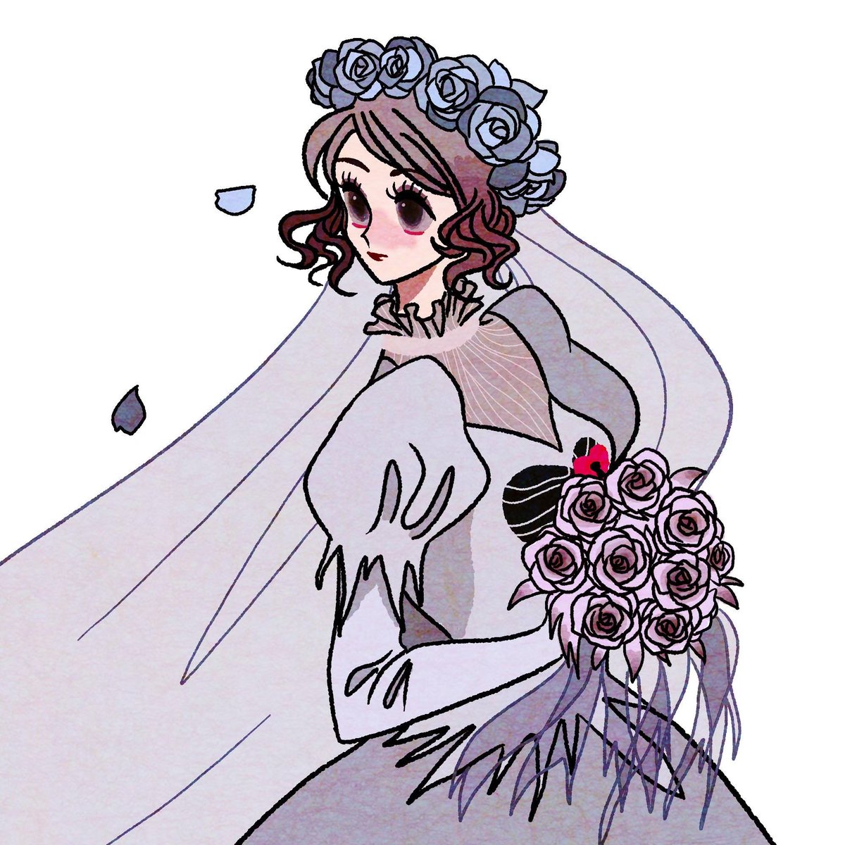 1girl flower solo dress bouquet puffy sleeves brown hair  illustration images