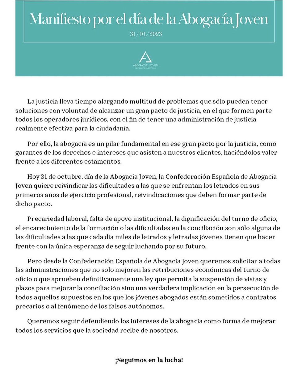 💼¡Feliz Día de la Abogacía Joven!

La abogacía tiene desde hace tiempo multitud de problemas a los que únicamente podemos dar solución con voluntad de alcanzar un gran pacto.

Desde la Confederación Española de Abogacía Joven, seguiremos defendiendo los intereses de la abogacía.