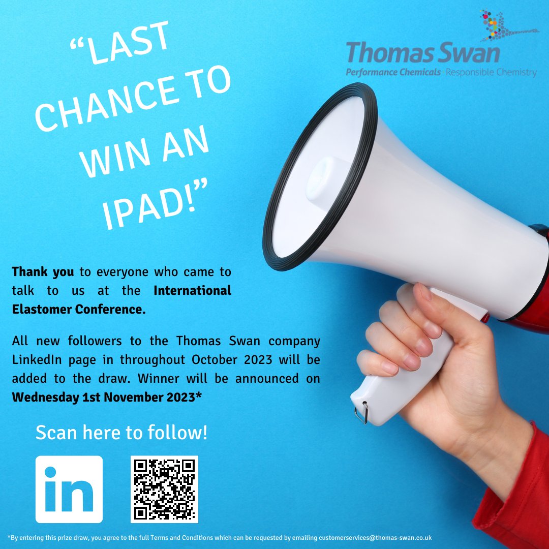 Today is your last chance to follow our LinkedIn page to be in with a chance of winning an iPad. New followers to the Thomas Swan Company page during October 2023 will be added to the prize draw. Winner will be announced on Wednesday 1st November 2023 #winanipad #ipad #win #apple