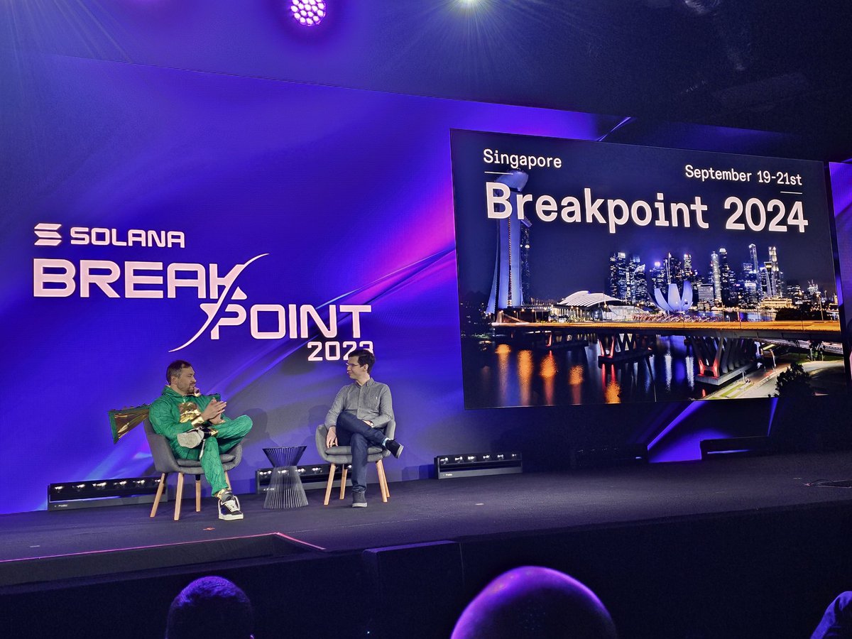Live on stage at Solana #Breakpoint2023, @toly and @Austin_Federa announce  that #Breakpoint2024 is coming to Singapore September 19-21st, 2024! ☀️