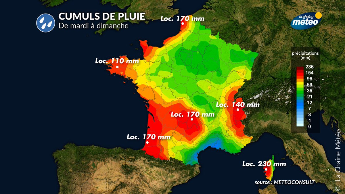 🌧️ Situation sous surveillance ces prochains jours dans l'ouest ainsi que des Alpes à la Corse où il pourra tomber l'équivalent d'un mois et demi de précipitations. Sur des sols saturés d'humidité, ces nouvelles pluies accentueront les risques de #crues et d'#inondations.