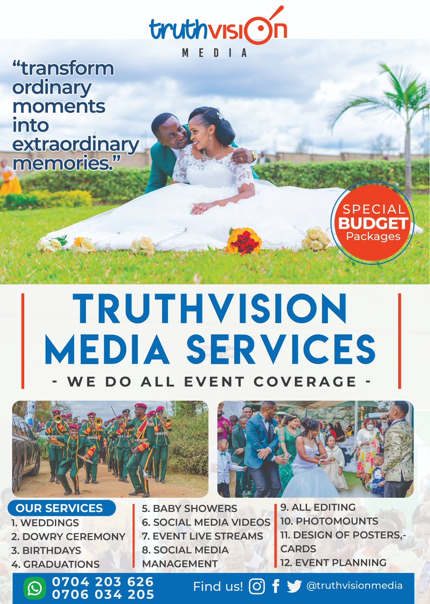 Choose to work with Truth vision media services and let us transform your moments into masterpieces. Contact us today to discuss your vision and let us turn your dreams into stunning, visual realities.
Whatsapp/call: 0704 203 626 #RiggyG #andrewkibe #rachelruto #kingcharlesIII