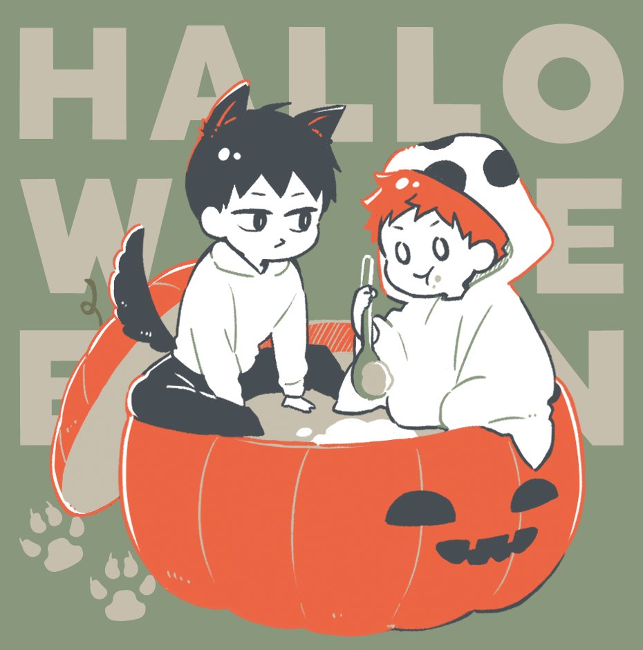 multiple boys 2boys male focus black hair tail animal ears halloween  illustration images