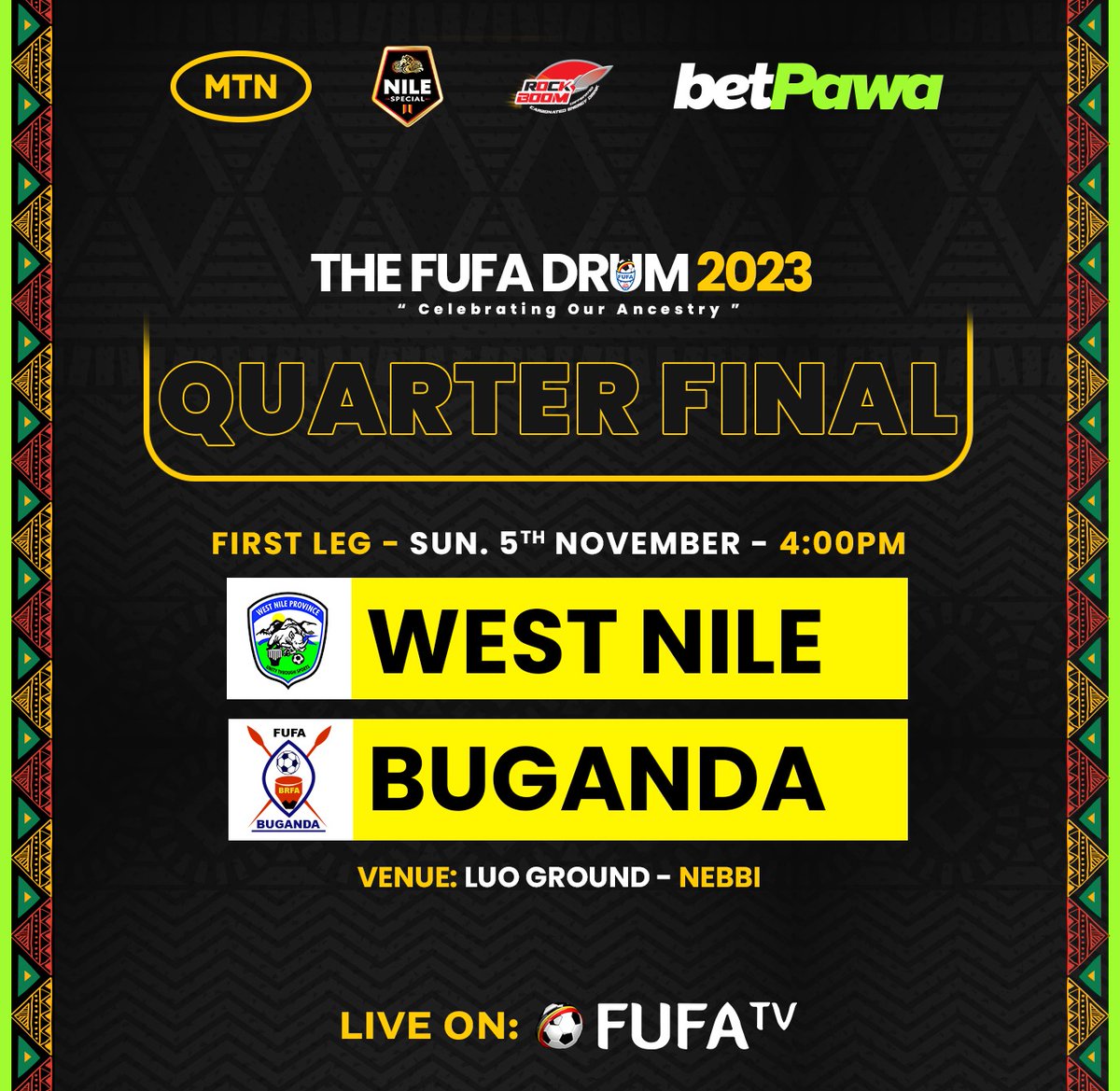 Nebbi_Central's tweet photo. OFFICIAL:

Luo Stadium shall be hosting FUFA Drum for the first time this coming Sunday.....
Let's come in large numbers to support and show love to our @WestNileProv team in this first leg of the Quater finals 💪💪💪

#WeAreNebbiCentral
#FootballMadeInWestNile
#WePlayToWin https://t.co/OMpLXhw6Pe