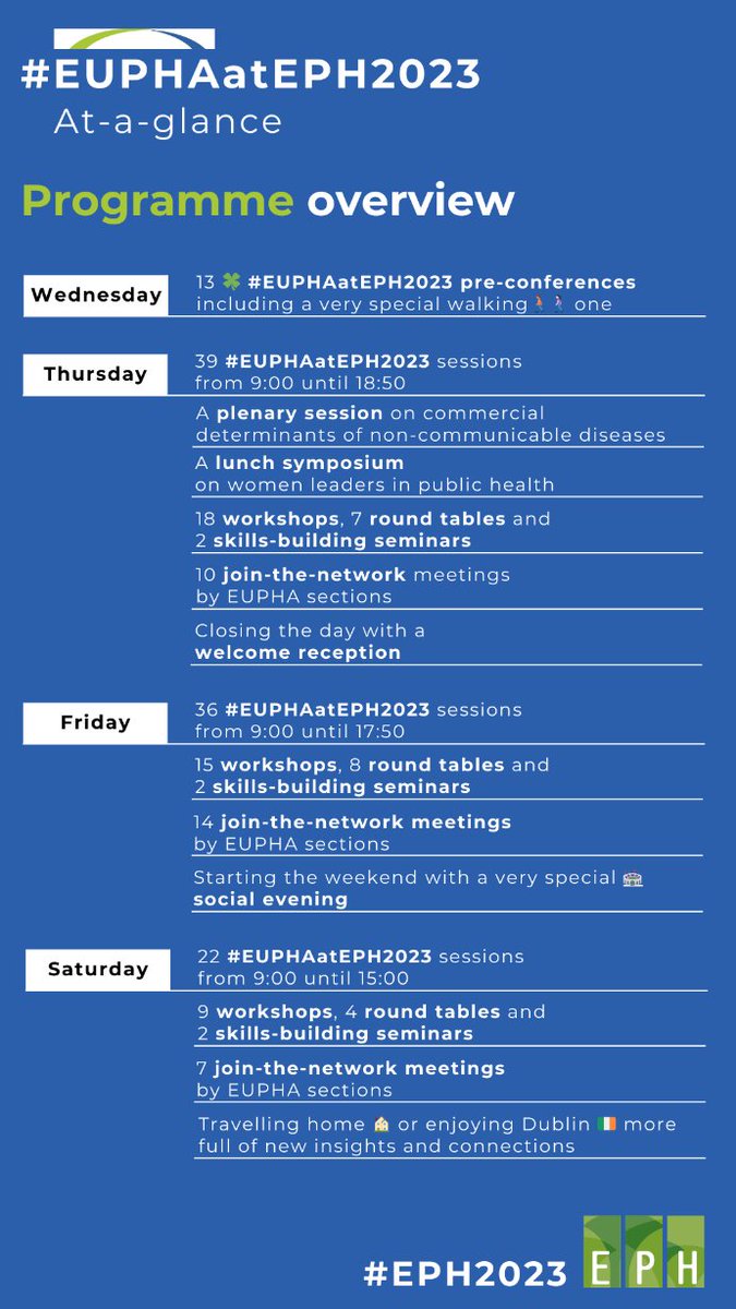 EUPHA (@euphacts) on Twitter photo ①①⓪ #EUPHAatEPH2023 sessions next week, during the 2023 <a href="/EPHconference/">EPH Conference</a> in Dublin 🇮🇪!
With so many events taking place in parallel, we will keep providing you with daily #EUPHAatEPH2023 at-a-glance overviews to help you choose wisely.
Stay tuned!
#EUPHAatEPH2023
#EPH2023 ①①⓪ #EUPHAatEPH2023 sessions next week, during the 2023 <a href="/EPHconference/">EPH Conference</a> in Dublin 🇮🇪!
With so many events taking place in parallel, we will keep providing you with daily #EUPHAatEPH2023 at-a-glance overviews to help you choose wisely.
Stay tuned!
#EUPHAatEPH2023
#EPH2023