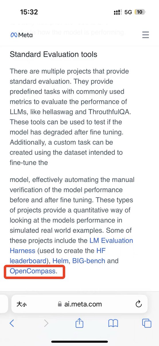OpenMMLab's tweet photo. 🥳We are delighted to announce that our evaluation toolkit, OpenCompass, has been recommended by Meta (https://t.co/uGVC2I0gOr). @AIatMeta
☺️Welcome to try OpenCompass for your research and production of LLM.
👉https://t.co/CjSPnIEb8s
#LLM #LLaMA #Meta #OpenAI #OpenCompass https://t.co/xF9or9xQCN