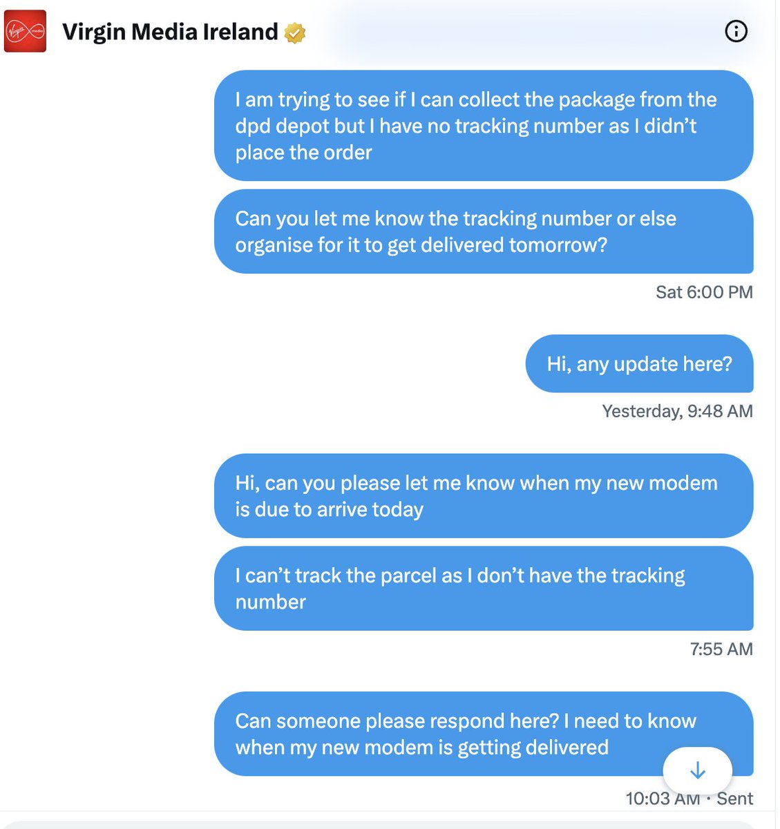 TweeterMaguire's tweet photo. Hi @VirginMediaIE Can someone please respond to me? https://t.co/8RZPZcA94x