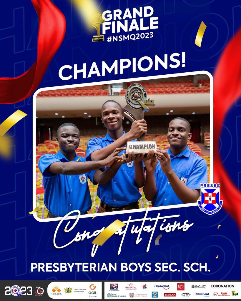 antoine_mensah's tweet photo. Congratulations @PRESECLEGON_ ! 8x @NSMQGhana winners! ๐ซ๐
#Odade3 #PresecAlumni #PRESECAt85 https://t.co/yIIPJEefmd