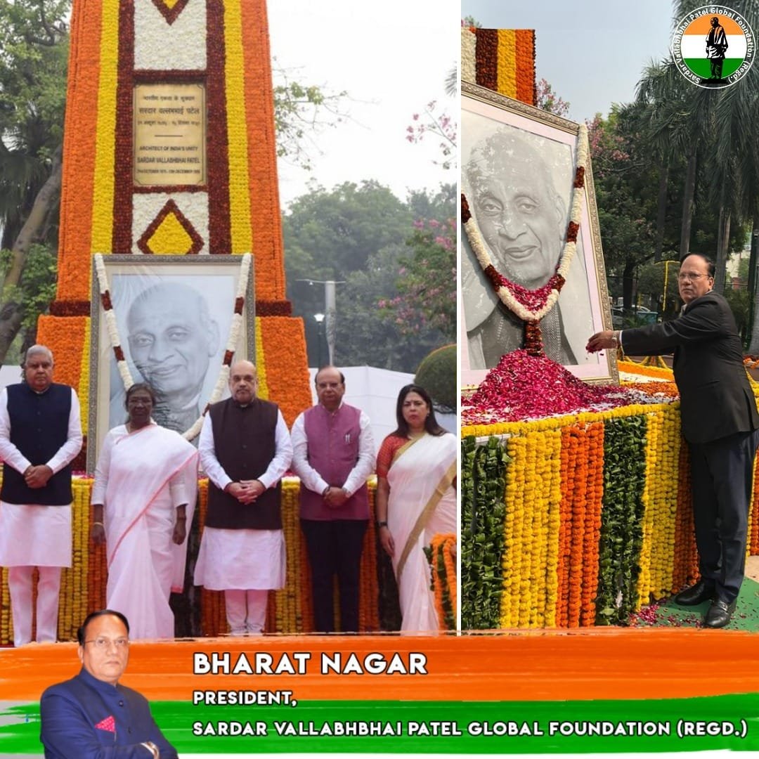 Today at Patel Chowk, the President, Vice President, and Home Minister paid tribute to Sardar Patel. Notably, Bharat Nagar, President of the Sardar Vallabhbhai Patel Global Foundation, was also present at Patel Chowk to mark the occasion.  #CelebratingPatelJayanti SVBP GLOBAL