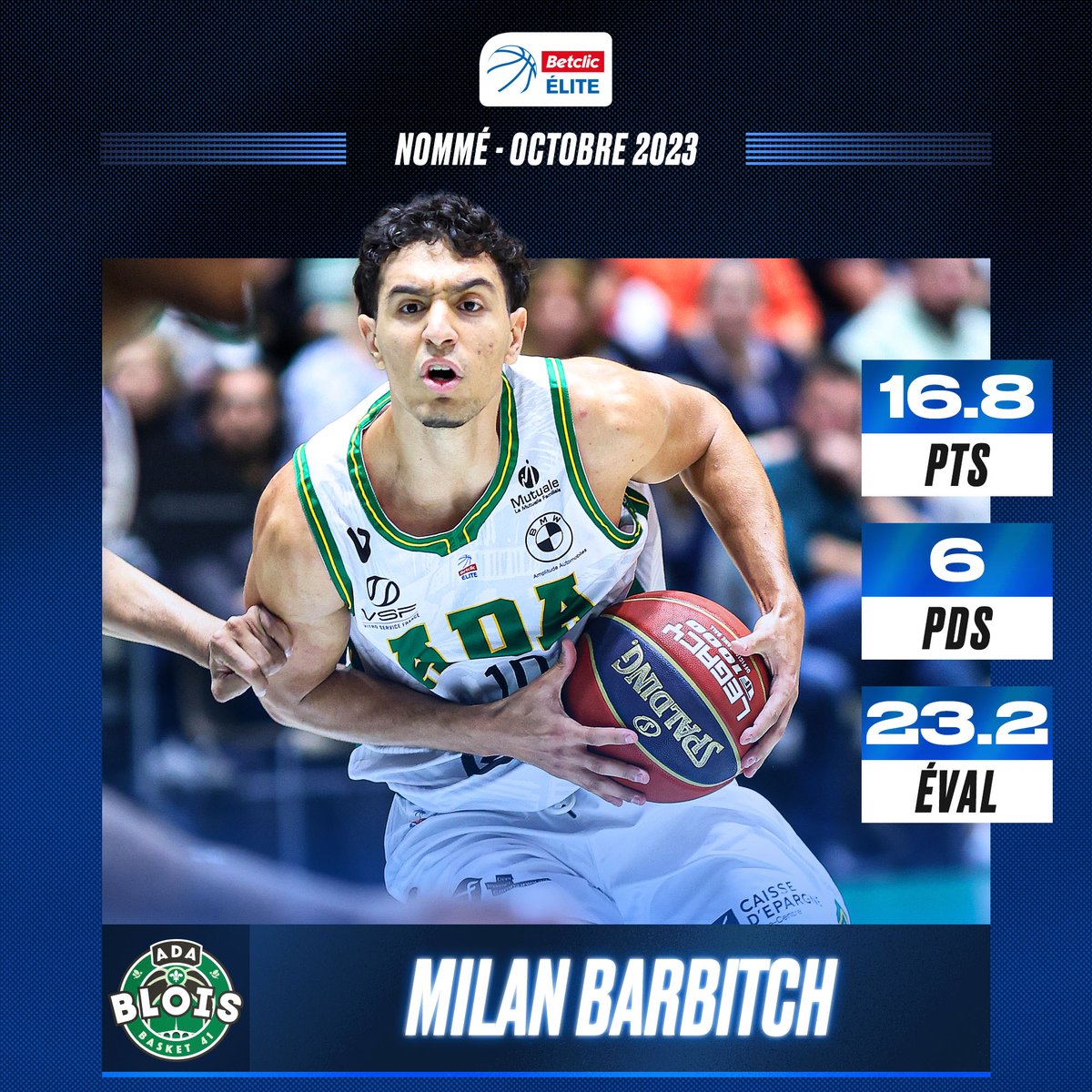 ✨🇫🇷 Milan Barbitch, 22 ans et déjà meilleure évaluation du championnat après 9 journées !

📩 RT pour voter pour le meneur de l'<a href="/ADABloisBasket/">🐝 ADA Blois Basket 41 🐝</a>.

#JDMBetclicELITE
