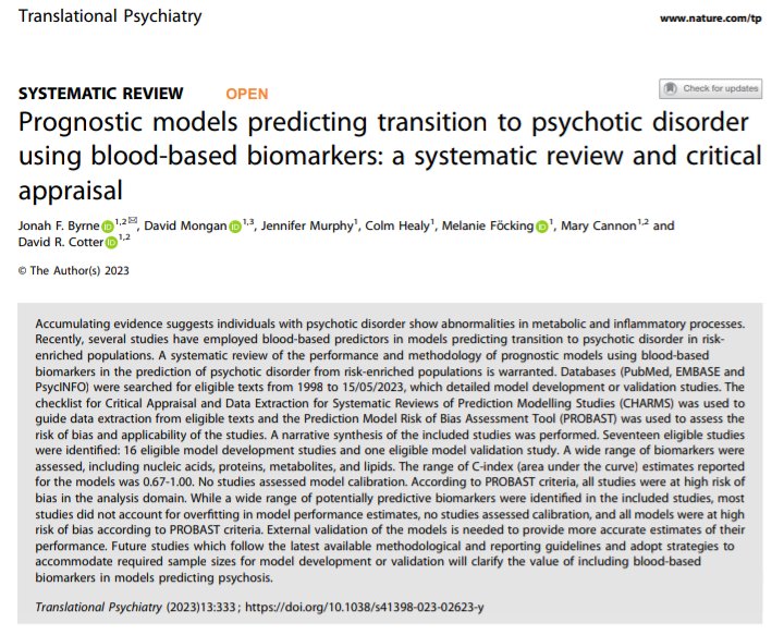 Our new paper out now: A systematic review of models predicting transition to psychosis using blood-based biomarkers. nature.com/articles/s4139… 🧵below