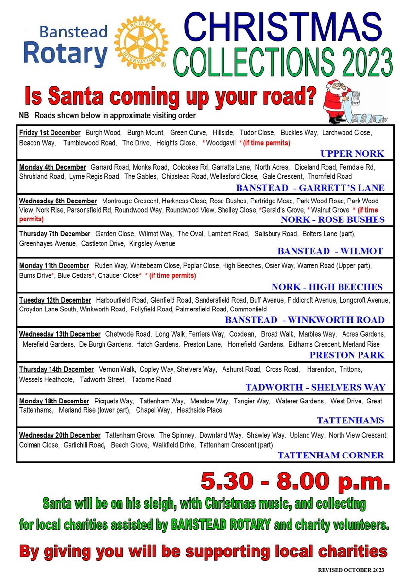 #Banstead Santa Tours pls join us!   @MVRotary @LHRotary @EpsomRotary @CheSutRotary @AshteadRotary @networkista @RedhillRRotary @RotaryCoulsdonM @RotaryCaterham @KingstonRotary @twickenhamrota3 @wokingdrotary @DorkingRotary @WallingtonRota1 @CenSussexRotary @PurleyRotary #Rotary