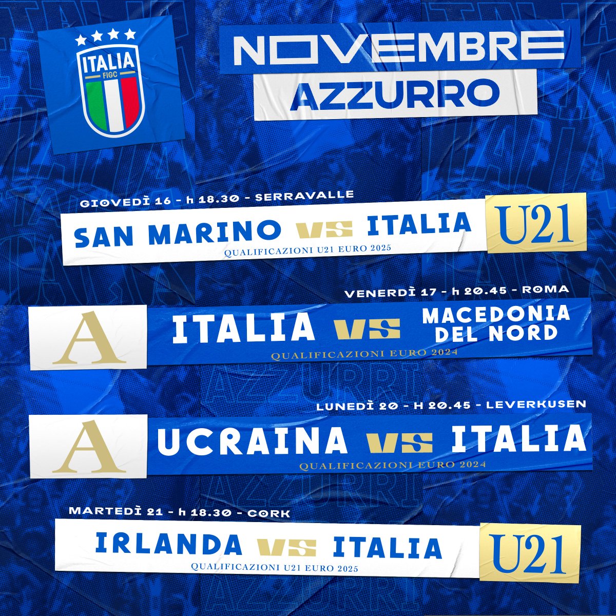 Azzurri's tweet photo. 🗓️ I prossimi impegni di #Nazionale e #Under21 🇮🇹

#Azzurri #Azzurrini #VivoAzzurro https://t.co/eXNI9E7imE