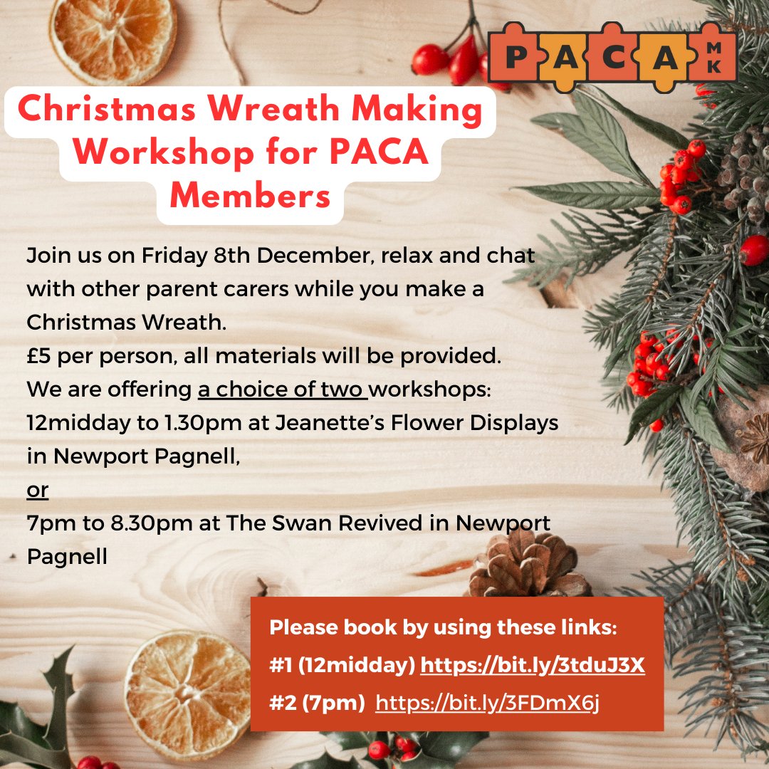 Fri 8th Dec, £5 pp, including all materials. Join  other PACA members while you make a Christmas Wreath. There is a choice of two workshops:
12 Midday – 1:30pm or 7pm to 8.30pm 
Please book using the link below:
(12 Midday) bit.ly/3tduJ3X
(7pm) bit.ly/3F3e4Tw