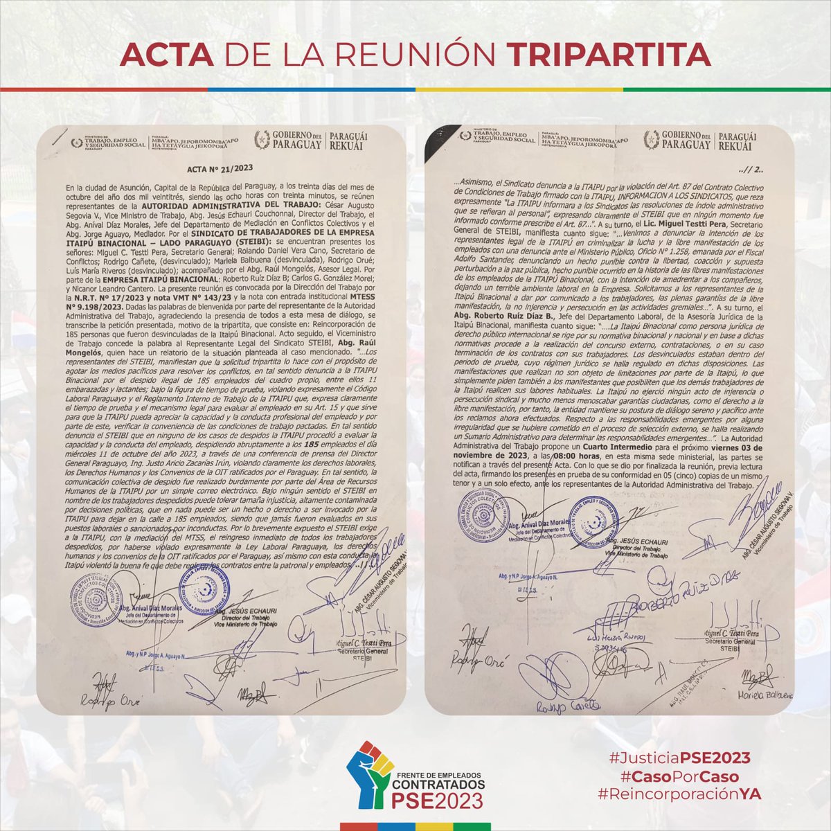 La mesa de diálogo entre la #ItaipuBinacional, el Frente representado por el <a href="/STEIBI/">STEIBI</a> y el <a href="/MTESS_PY/">Ministerio de Trabajo, Empleo y Seguridad Social</a> prosigue en CUARTO INTERMEDIO para continuar negociación el viernes 3 de noviembre a las 08:00 h.

<a href="/itaipuparaguay/">ITAIPU Binacional Py</a>
#JusticiaPSE2023
#ReincorporaciónYA
#CasoPorCaso