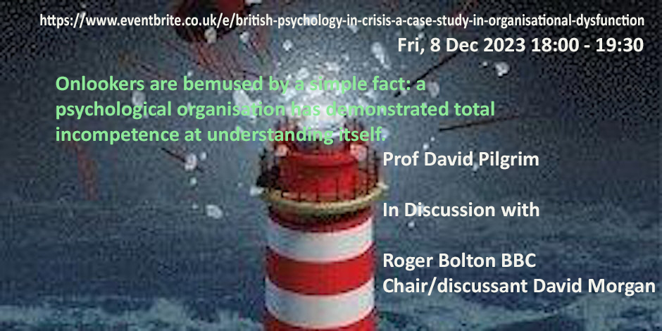 Today, the BPS is neither a learned nor a learning organisation. This book describes this organisational crisis. Register now for this online event, 8 Dec. It's Free. With Roger Bolton BBC. eventbrite.co.uk/e/british-psyc…