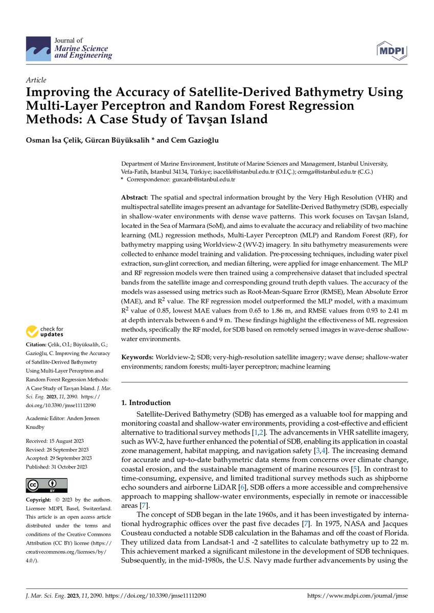 Improving the Accuracy of Satellite-Derived Bathymetry Using Multi-Layer Perceptron and Random Forest Regression Methods: A Case Study of Tavşan Island mdpi.com/2543056 #mdpijmse via @JMSE_MDPI