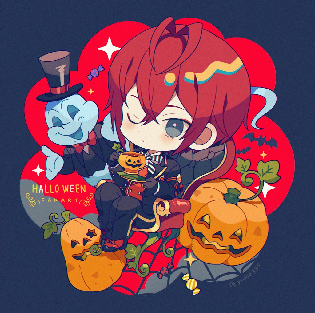 male focus one eye closed red hair 1boy food chibi jacket  illustration images
